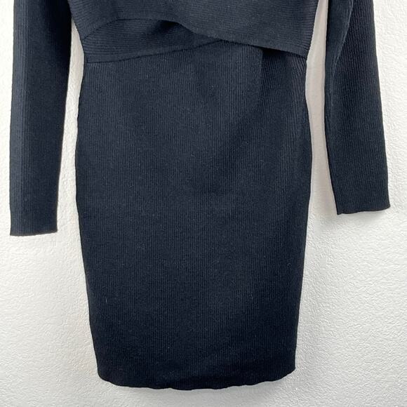 Lush Black Ribbed Knit Long Sleeve Crossover Mini Sweater Dress Large NWT - Picture 6 of 11